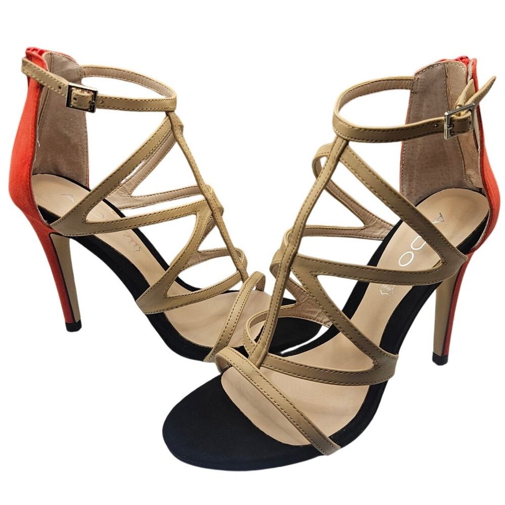 Aldo Suede Leather Strappy Heels Blk/Tan/Red Zip Up 4" Heel Sz 6.5 - Picture 2 of 8